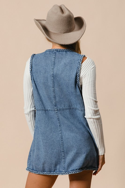 BiBi Braided Trim Open Front Denim Vest with Pockets-True and Wild