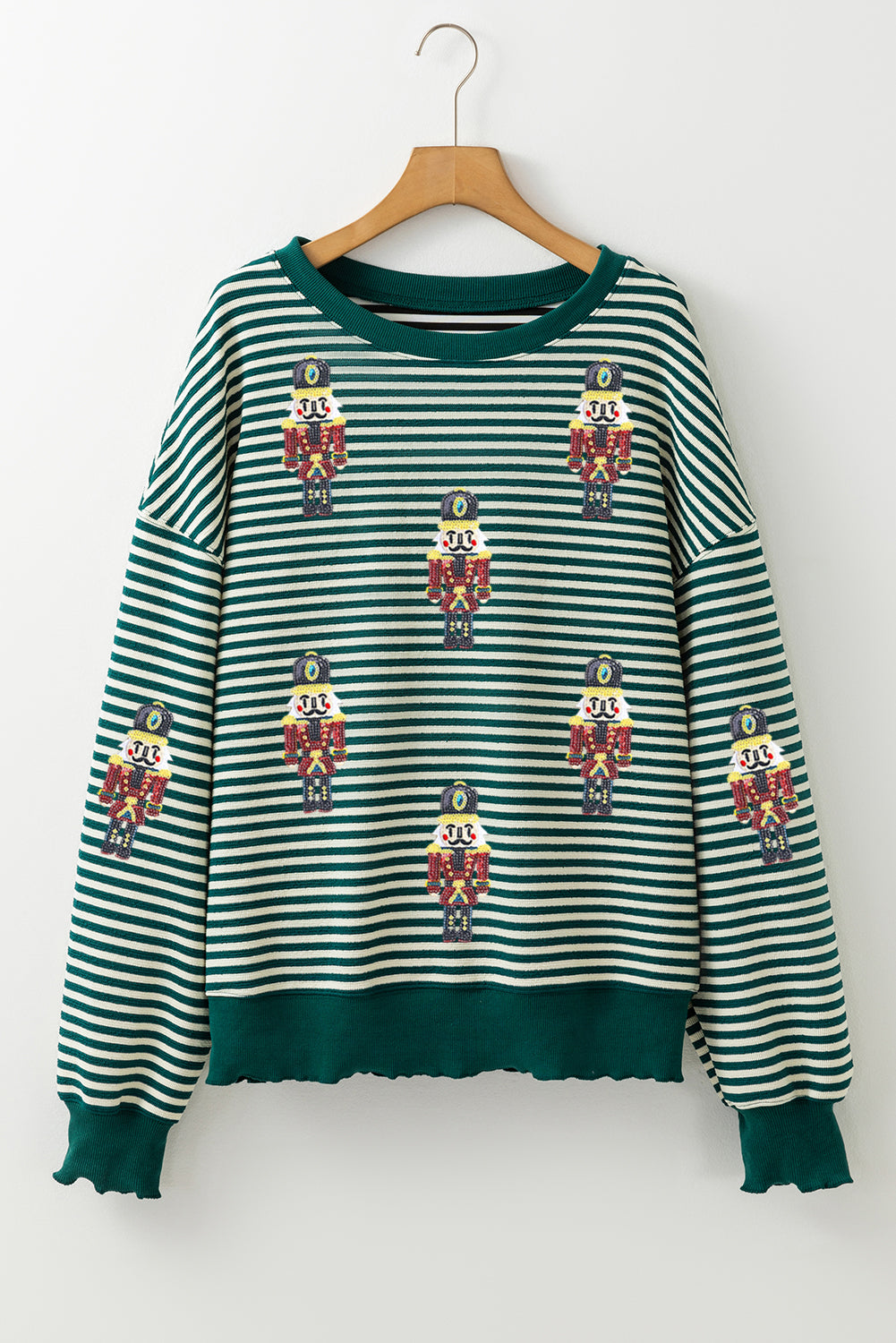 Green Stripe Nutcracker Doll Patched Drop Shoulder Long Sleeve Top-True and Wild