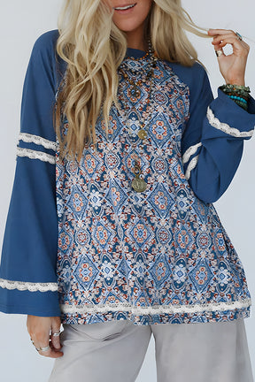 Blue Boho Geometric Print Lace Ricrac Raglan Sleeve Blouse