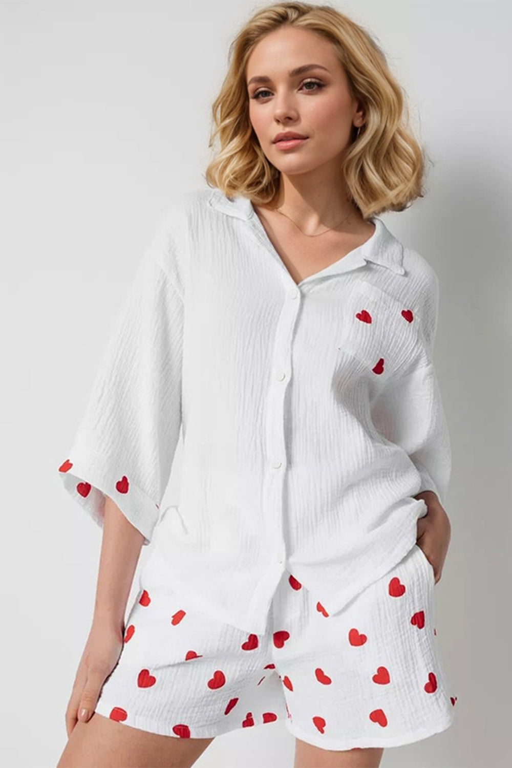 Basic Bae Heart Collared Neck Button Down Top and Shorts Set-True and Wild