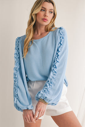 Mist Blue Corded Frill Detail Puff Sleeve Top-True and Wild