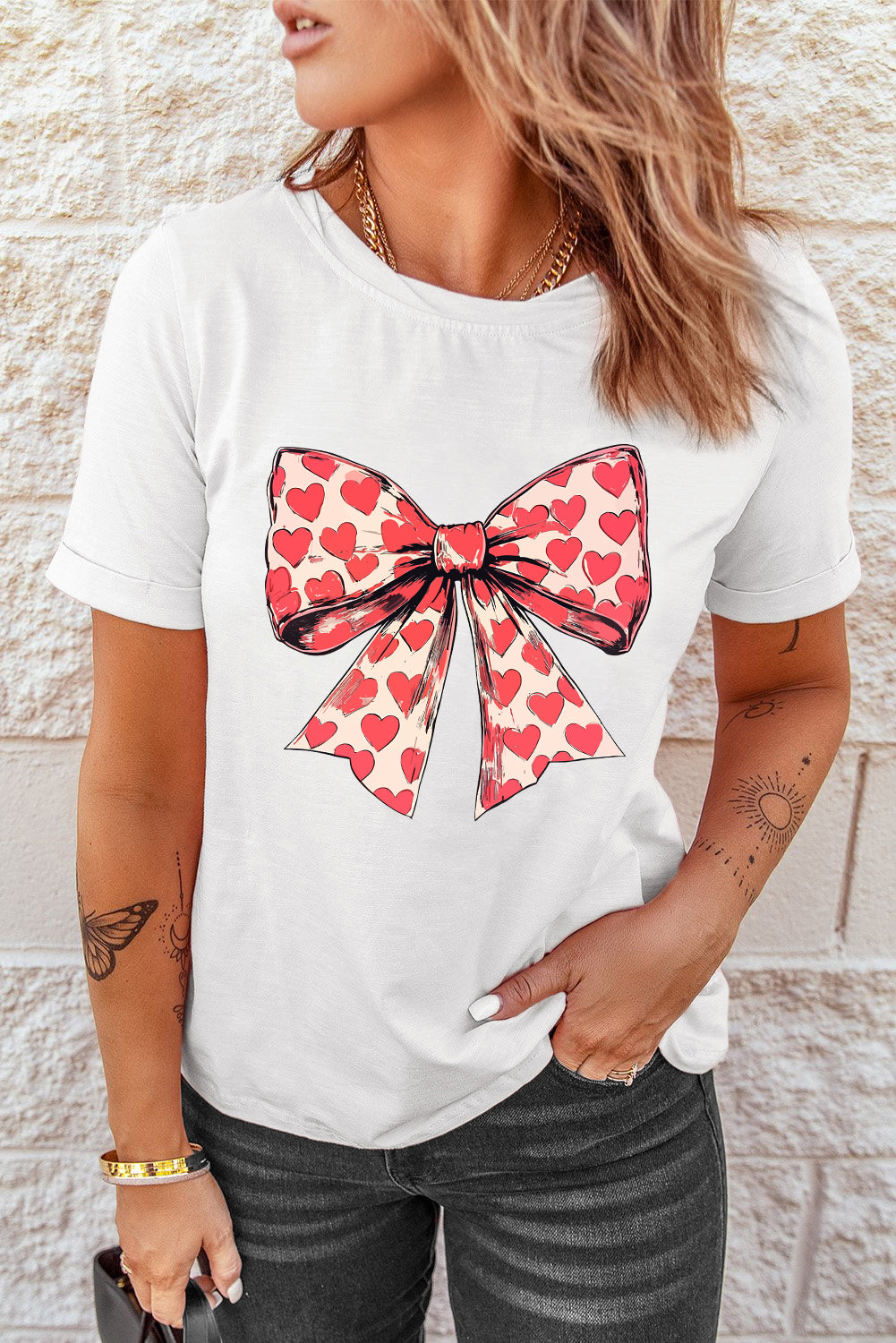 White Bow Heart Graphic Valentines Crewneck Tee