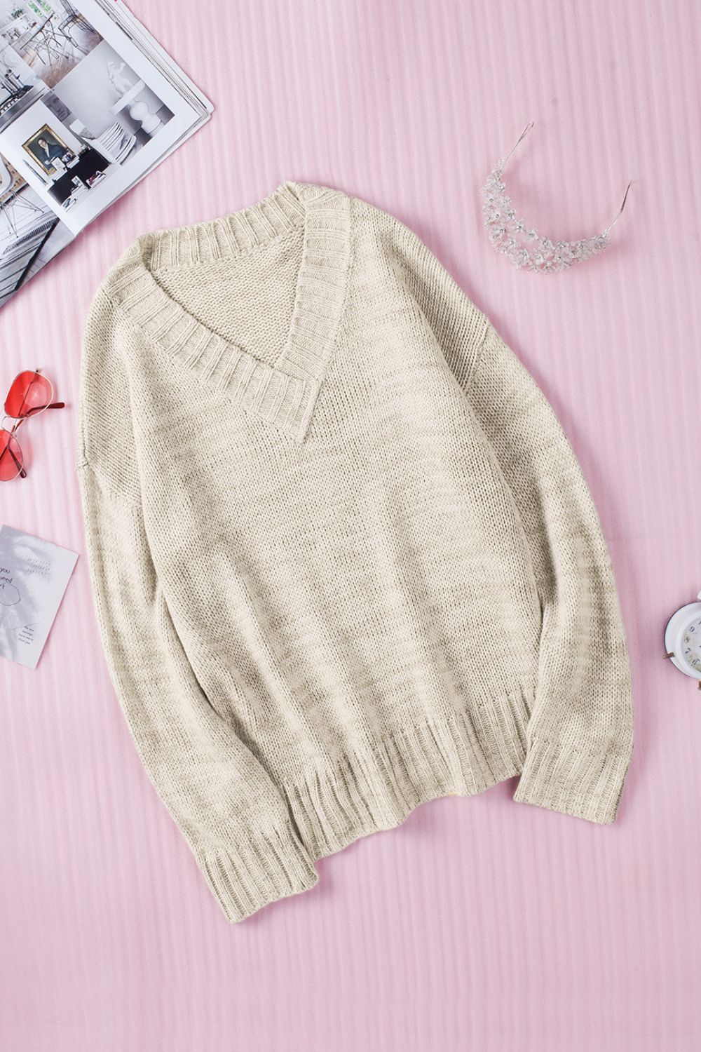 V-Neck Dropped Shoulder Sweater