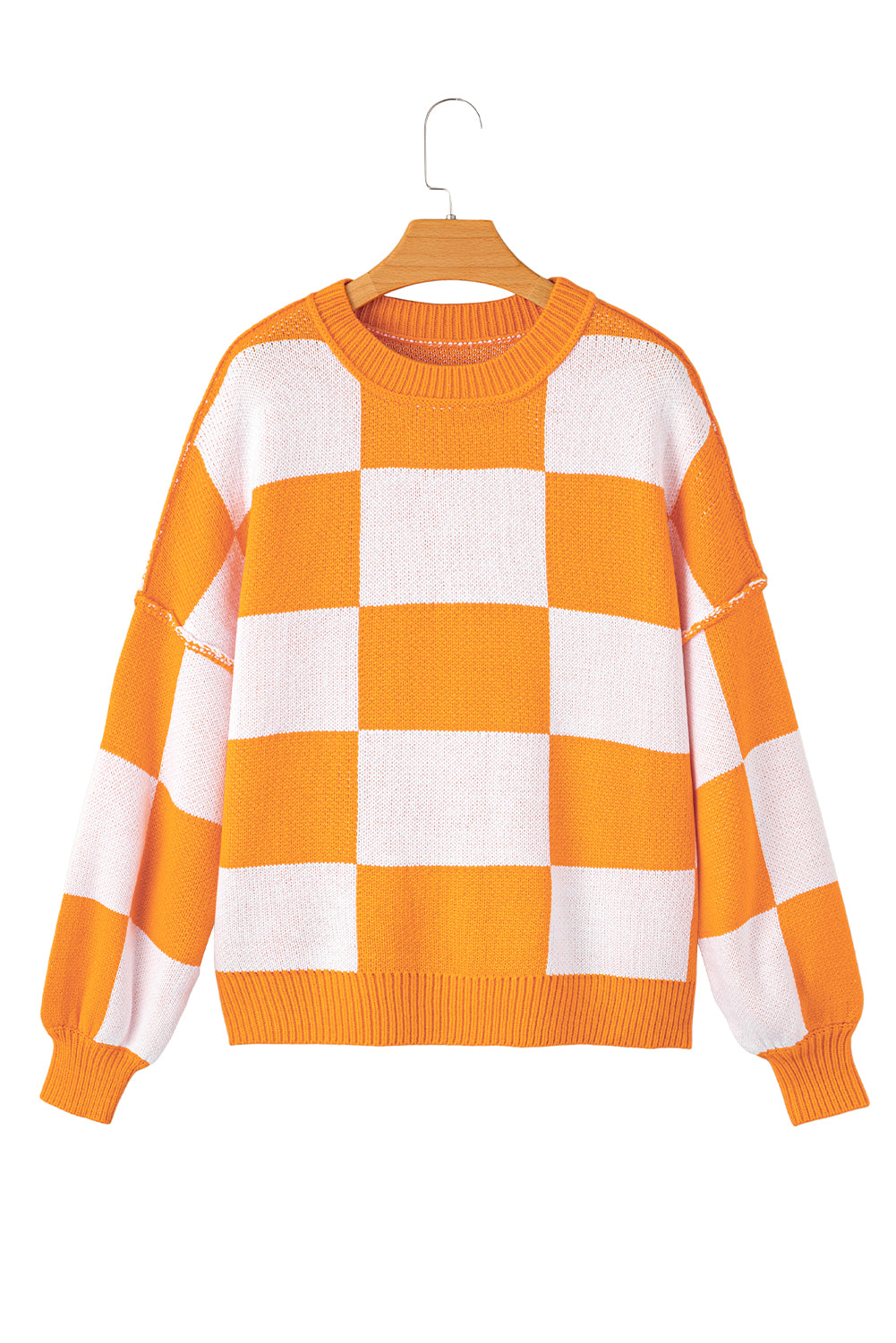 Orange & White Plaid Exposed Seam Bishop Sleeve Sweater-True and Wild