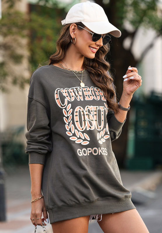 Letter Graphic Round Neck Long Sleeve Sweatshirt-True and Wild