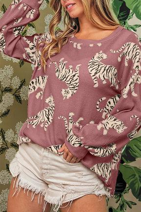 Rose Red Animal Print Drop Sleeve Pullover Sweatshirt-True and Wild