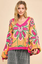 Davi & Dani Floral Contrast V-Neck Dropped Shoulder Sweater-True and Wild