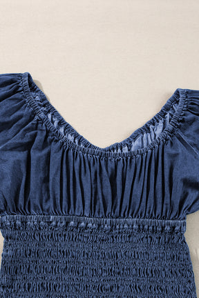 Dark Blue Smocked Ruffle Puff Sleeve V Neck Denim Top-True and Wild