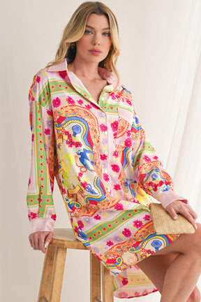 Multicolour Abstract Print Button Long Sleeve Shirt Dress-True and Wild