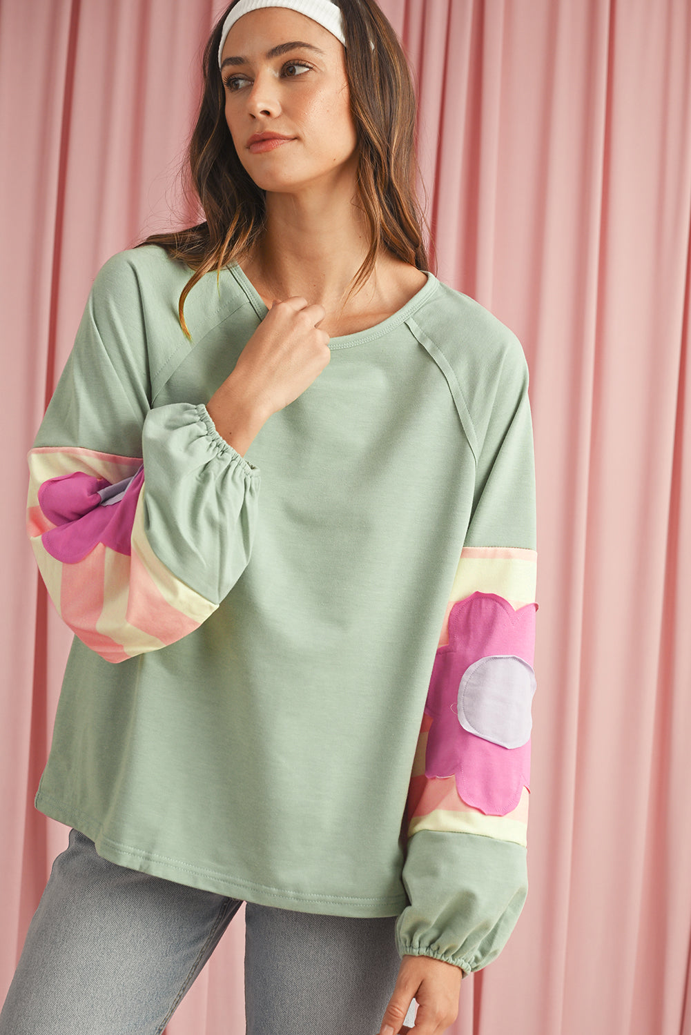 Smoke Green Flower Patchwork Exposed Seam Raglan Sleeve Top