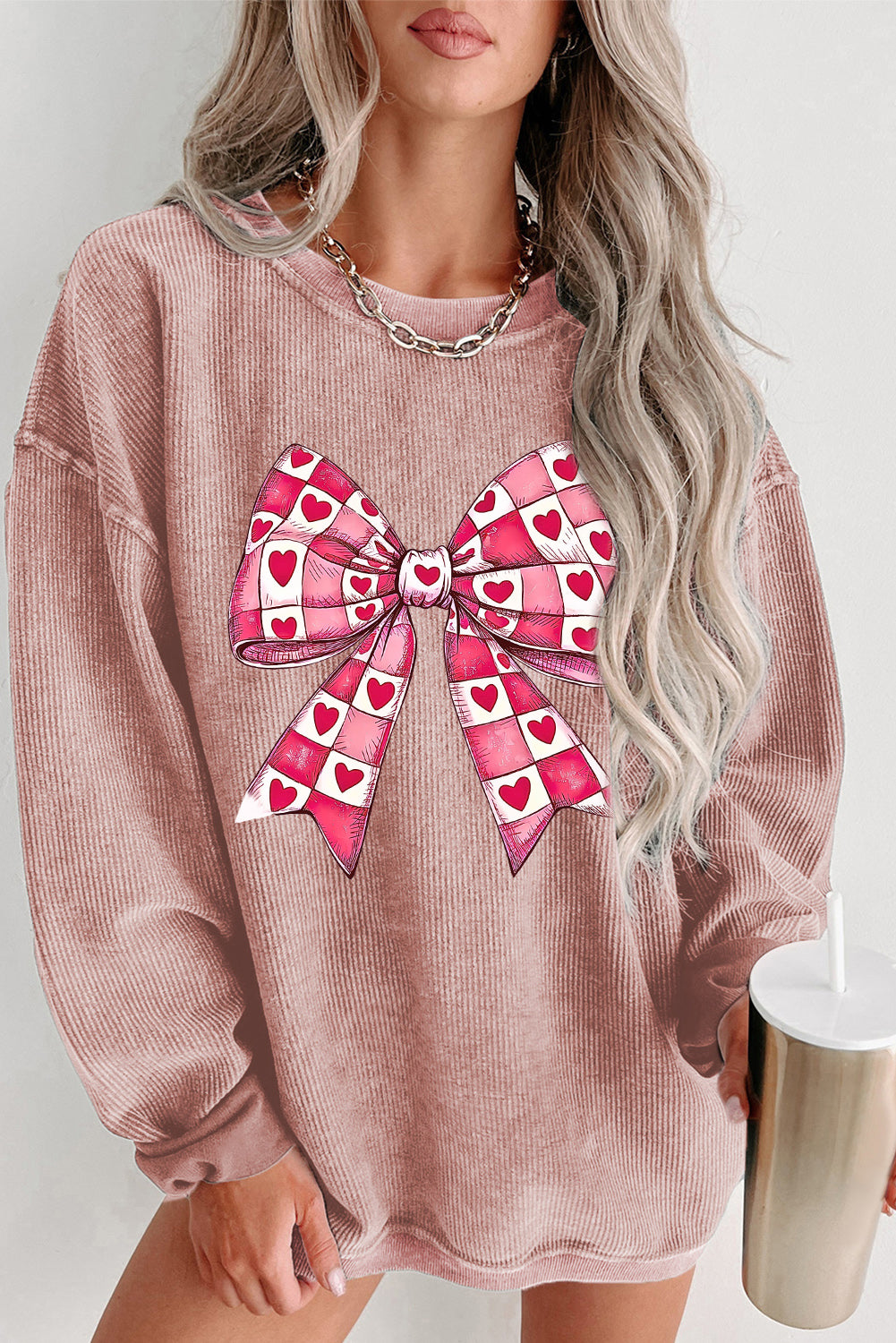 Pink Valentines Heart Checkered Bow Pattern Corded Baggy Sweatshirt-True and Wild