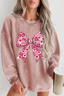 Pink Valentines Heart Checkered Bow Pattern Corded Baggy Sweatshirt-True and Wild