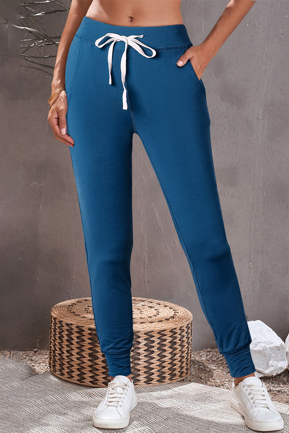 Blue Drawstring Waist Pocketed Joggers-True and Wild