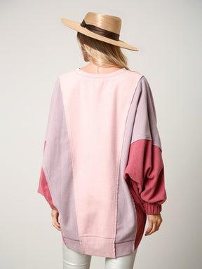 High-Low Contrast Notched Long Sleeve Sweatshirt-True and Wild