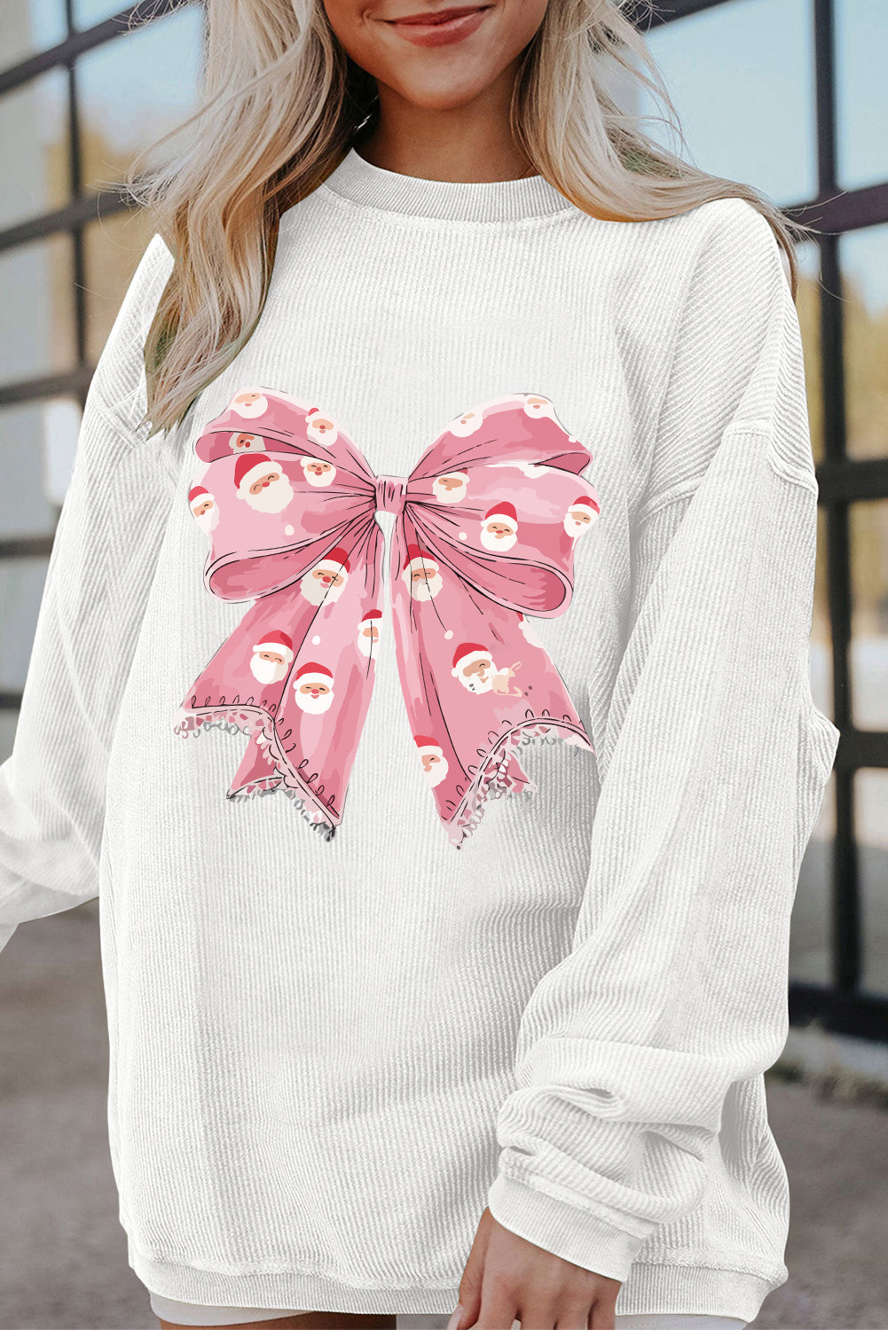 White Santa Claus Bow Knot Print Ribbed Crewneck Sweatshirt