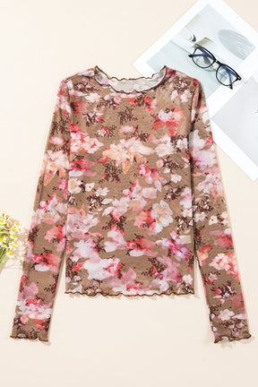 Red Floral Print Sheer Mesh Long Sleeve Top-True and Wild