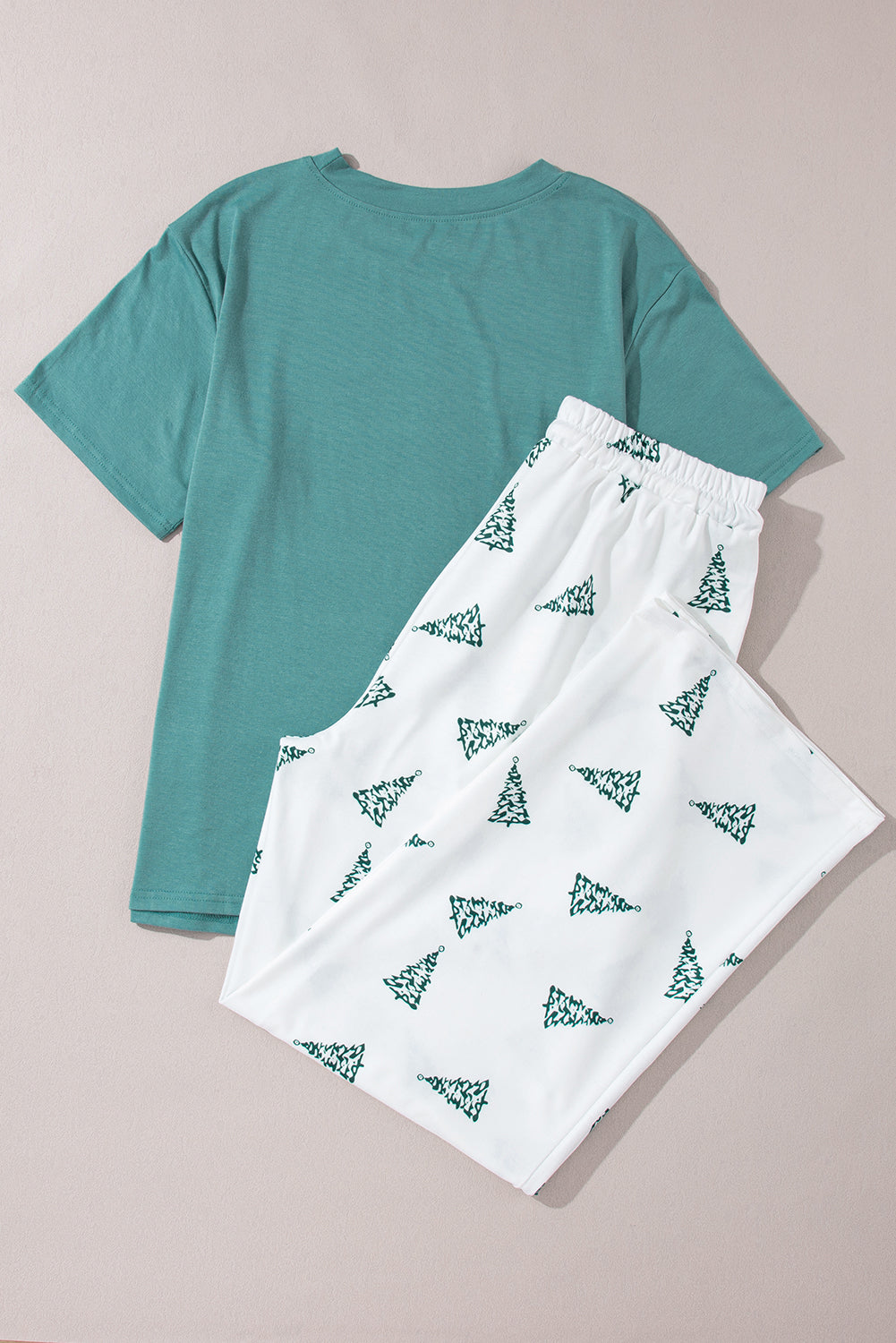 Green Christmas Tree Print Tee & White Pants Loungewear Set-True and Wild