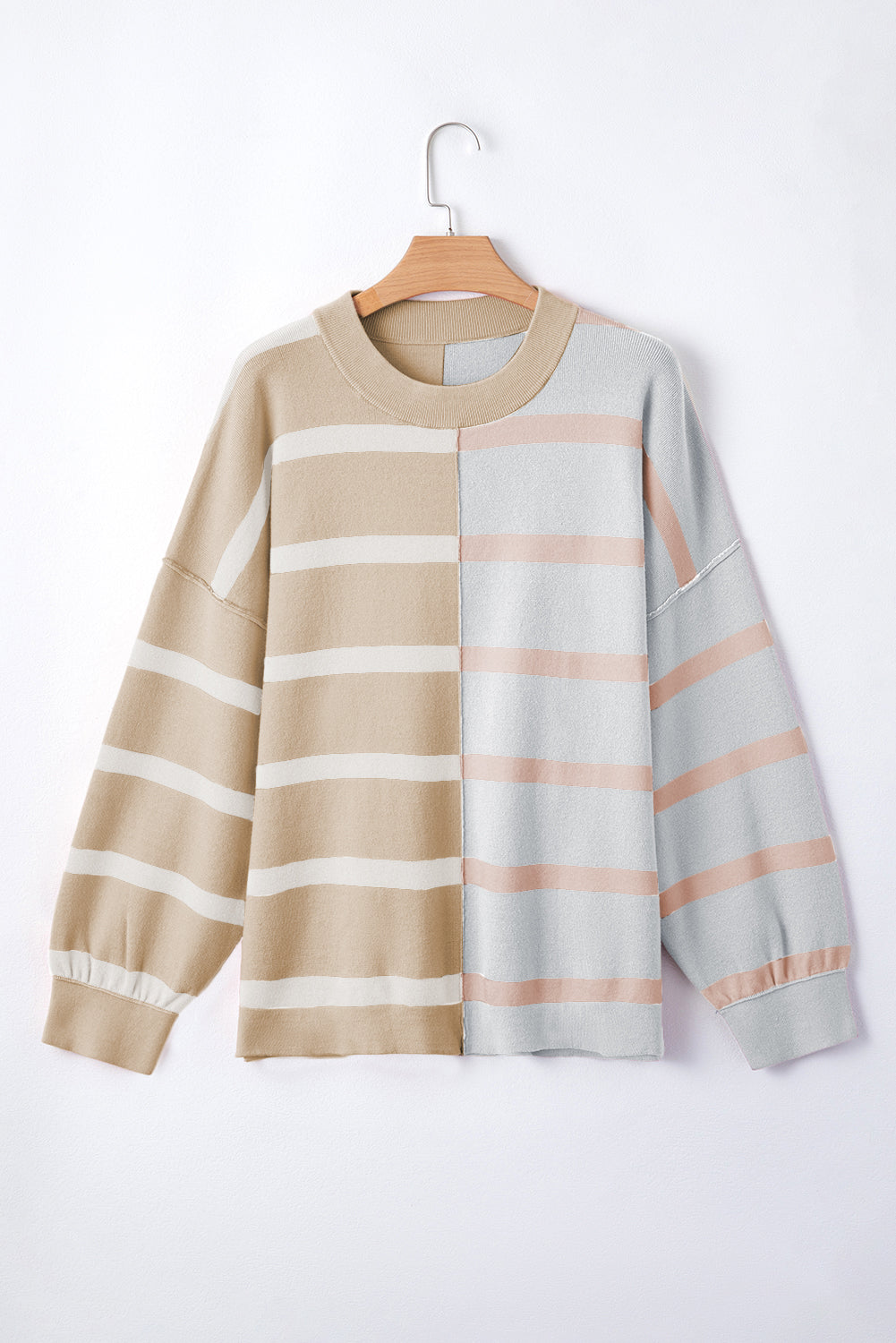 Light Beige Striped Colorblock Drop Shoulder Sweater-True and Wild