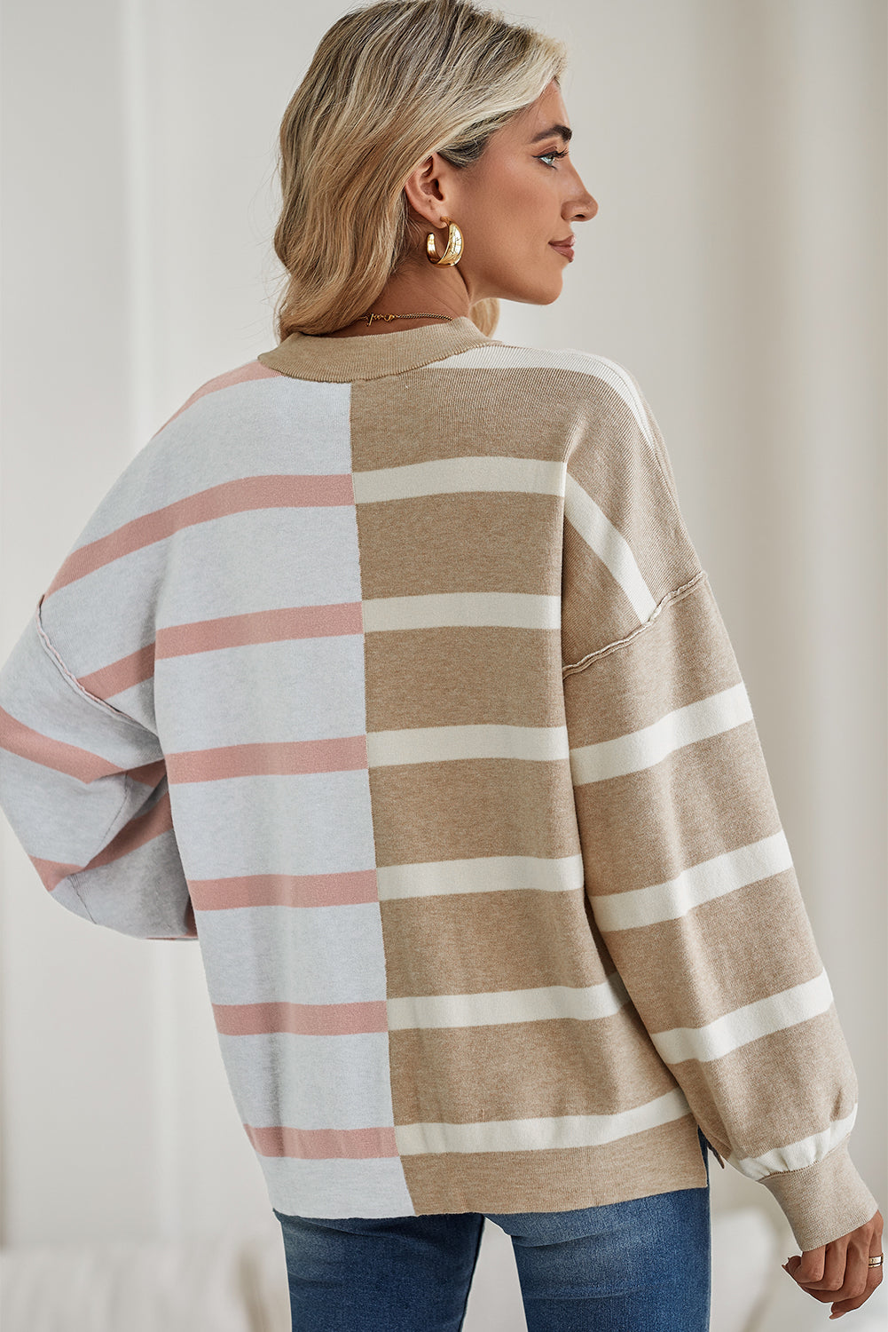 Light Beige Striped Colorblock Drop Shoulder Sweater-True and Wild