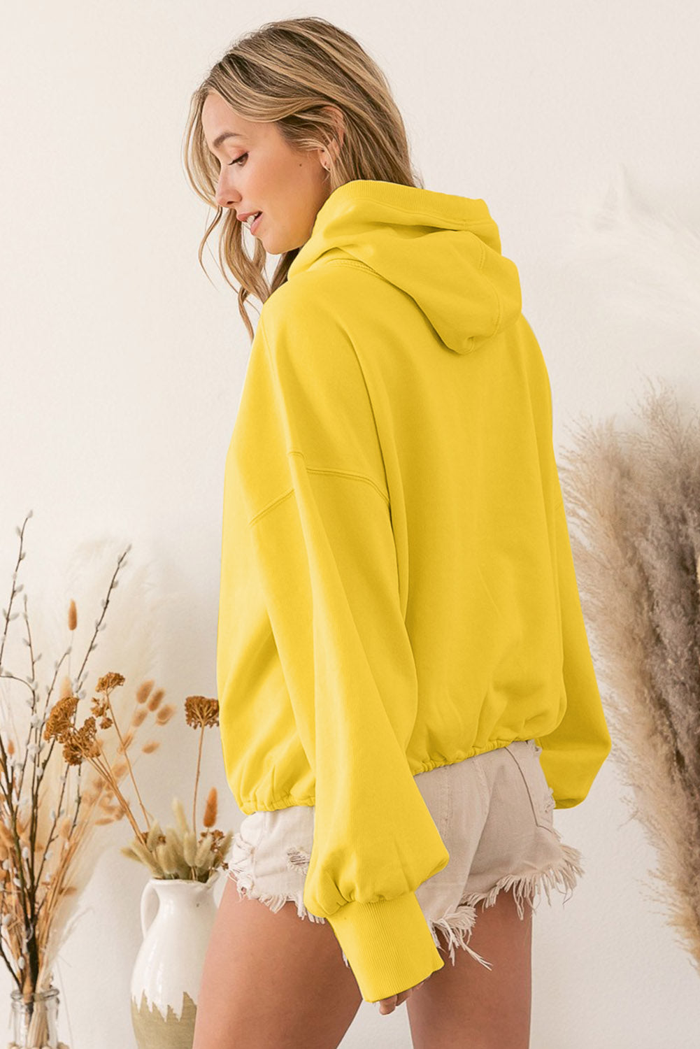 Yellow Solid Color Half Zip Pullover Hoodie with Kangaroo Pocket