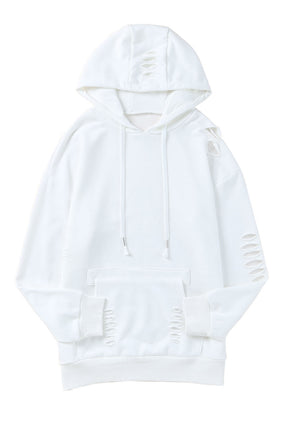 White Ripped Kangaroo Pocket Hooded Sweatshirt