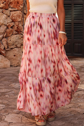 Pink Abstract Watercolor Tie Dye Tiered Maxi Skirt