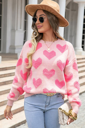 Light Pink Valentines Day Heart Jacquard Knit Sweater-True and Wild