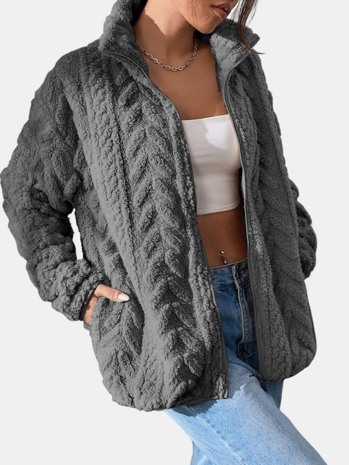 Fuzzy Zip Up Long Sleeve Jacket-True and Wild