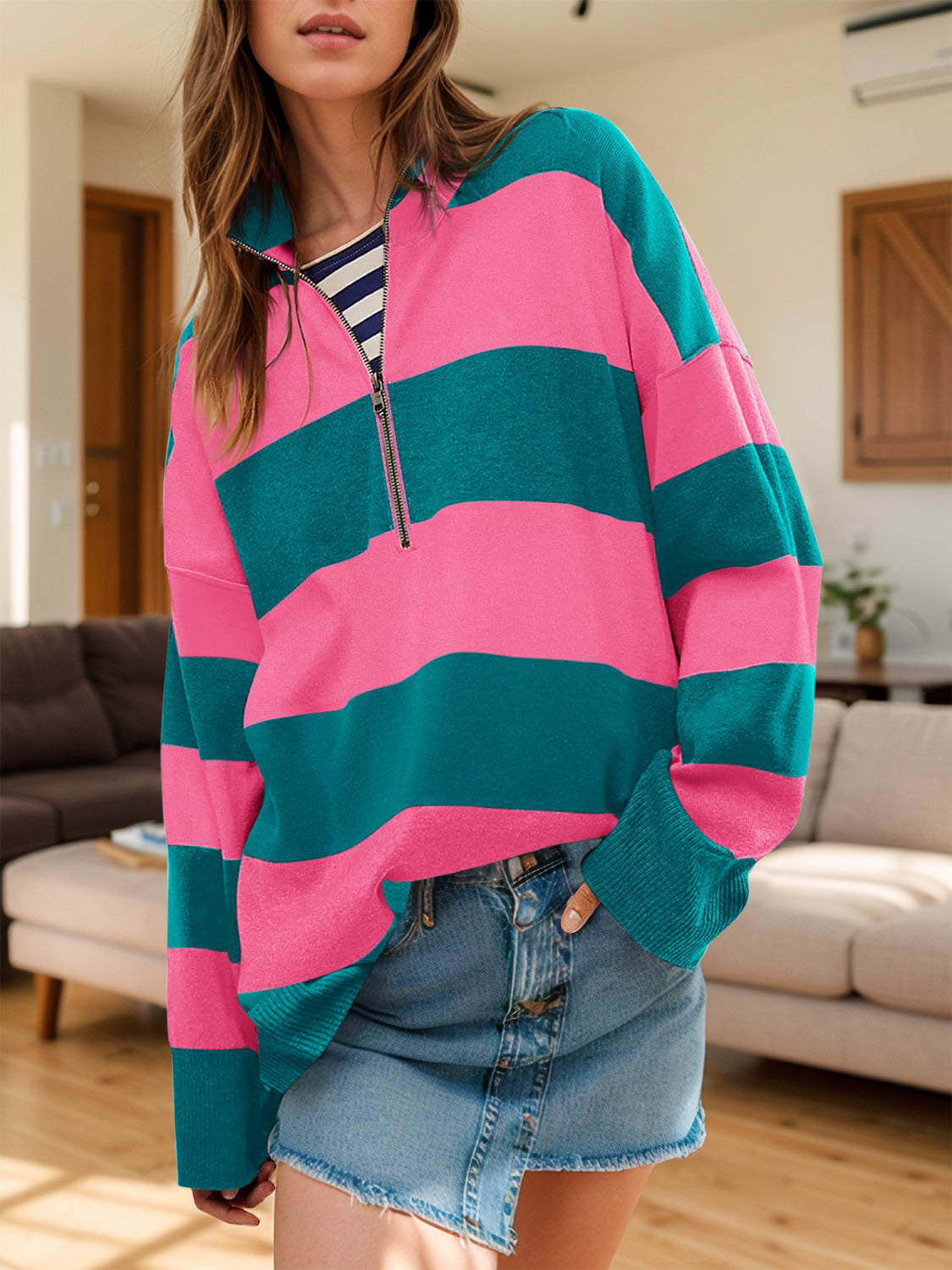 Color Block Half Zip Long Sleeve Sweater-True and Wild