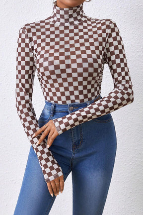 Brown Checkered Print Long Sleeve Mock Neck Bodysuit-True and Wild