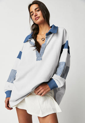 Color Block Johnny Collar Long Sleeve Sweatshirt-True and Wild