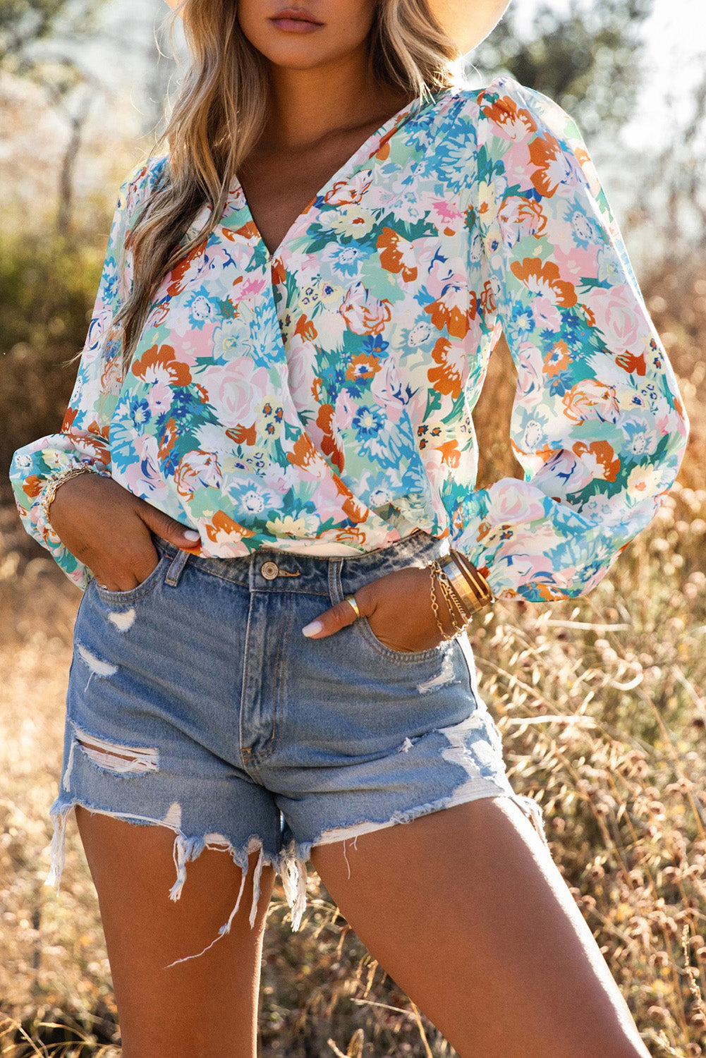 Light Blue Floral Print Boho Wrap V Neck Puff Sleeve Bodysuit-True and Wild