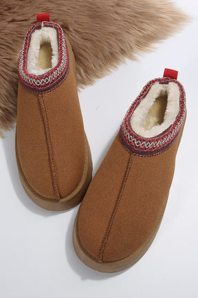 Chestnut Suede Contrast Print Round Toe Plush Lined Flats-True and Wild