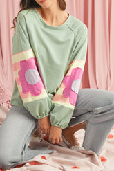 Smoke Green Flower Patchwork Exposed Seam Raglan Sleeve Top