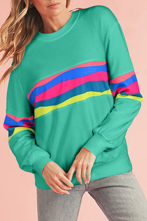 Green Colorful Striped Round Neck Long Sleeve Top