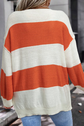 Orange Colorblock V Neck Side Slits Sweater-True and Wild