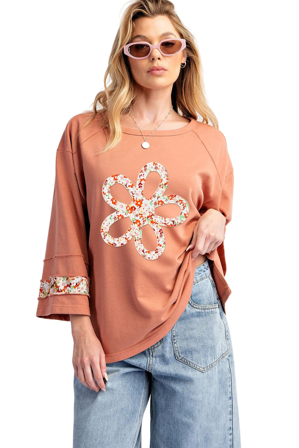 Grapefruit Orange Flower Exposed Seam Patchwork Loose Top-True and Wild