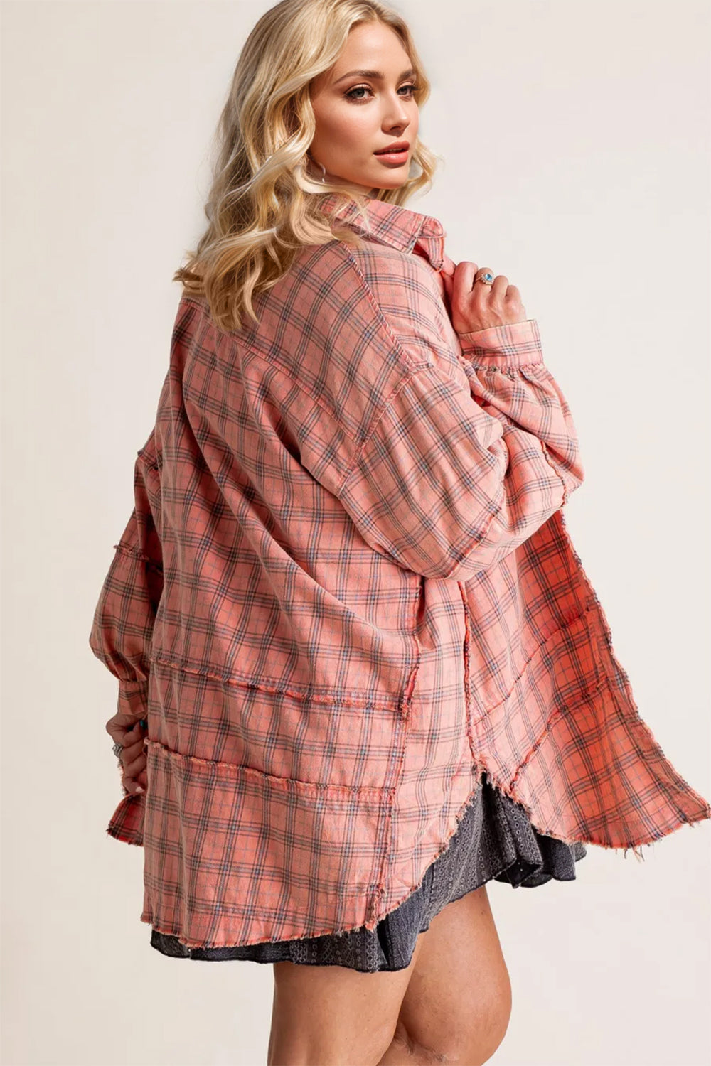 Exposed Seam Plaid Collared Neck Long Sleeve Shirt-True and Wild