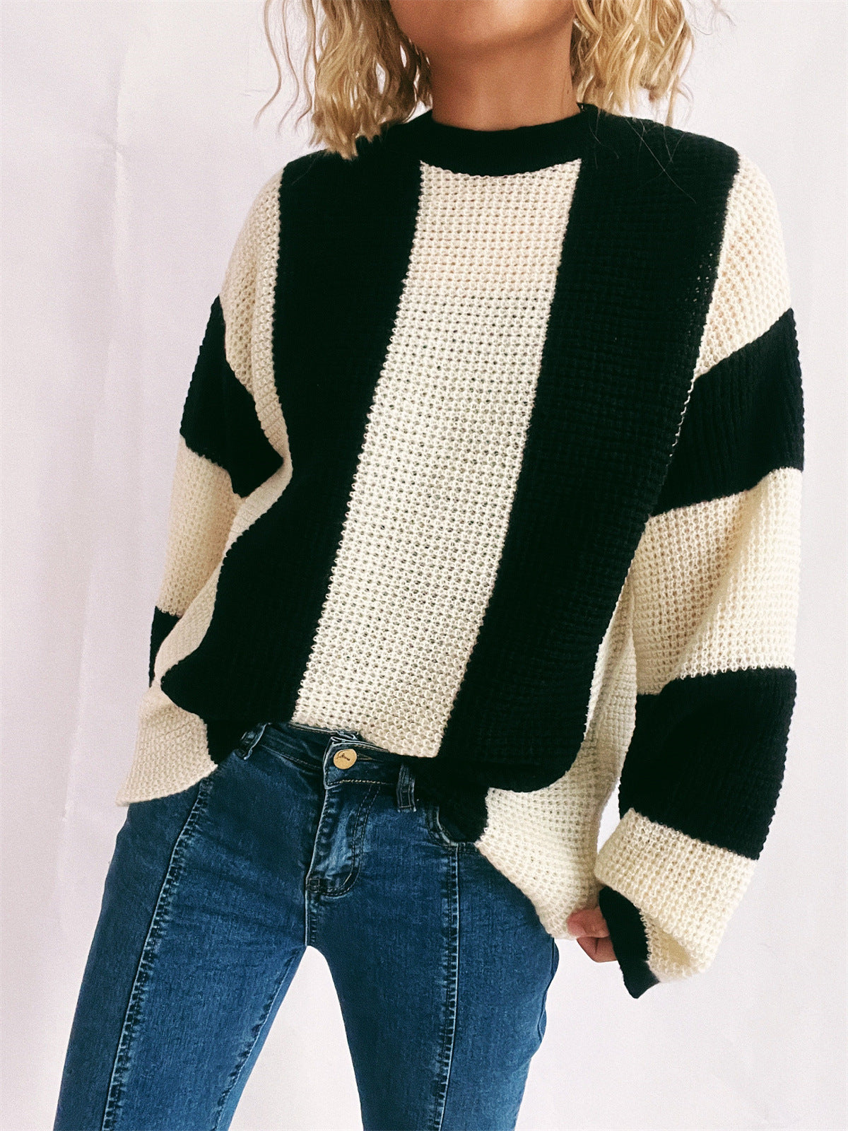 Color Block Round Neck Long Sleeve Sweater-True and Wild