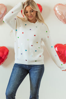 Heart Sequin Round Neck Long Sleeve Sweater-True and Wild