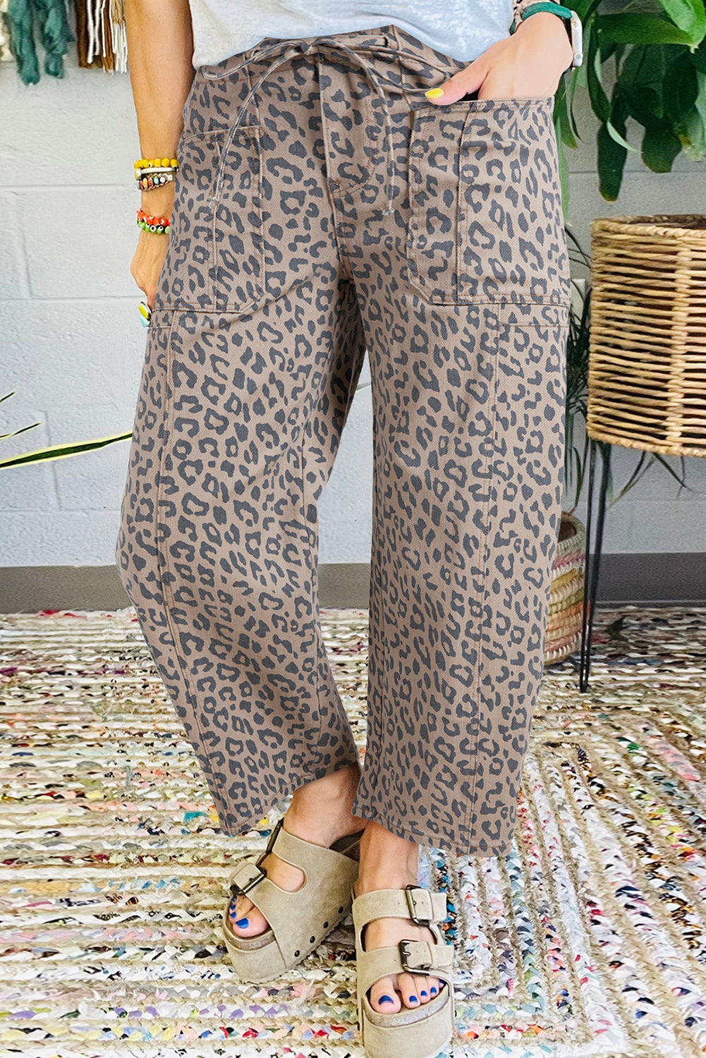 Khaki Leopard Print Drawstring Waist Pocketed Wide Leg Jeans-True and Wild