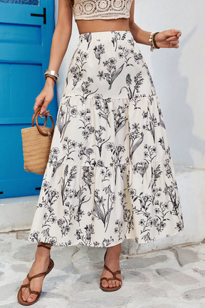 Apricot Boho Floral Tiered Maxi Skirt