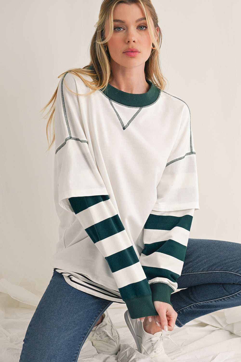 White Striped Layered Drop Sleeve Sweatshirt