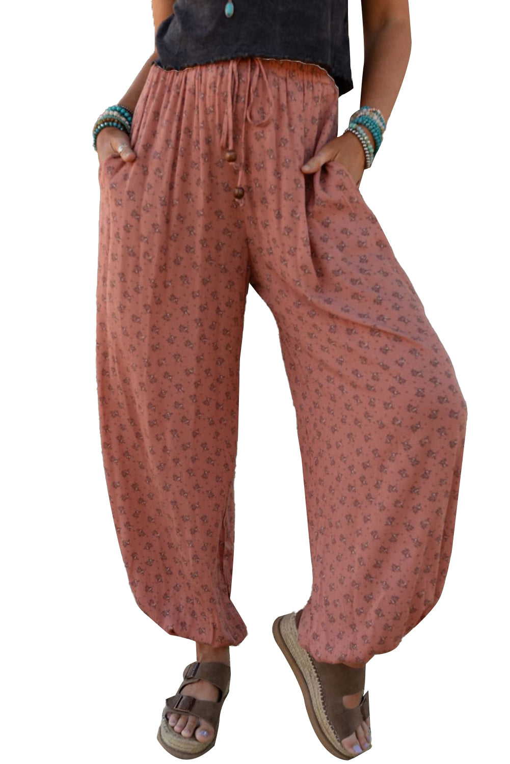 Pink Boho Floral Printed Wide Leg Jogger Pants-True and Wild