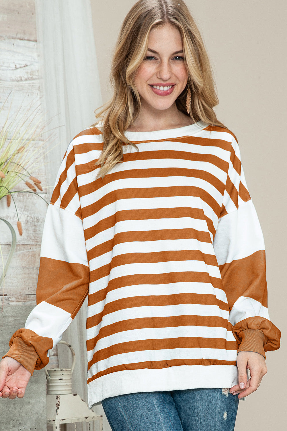 Blue Casual Striped Drop Shoulder Pullover Sweatshirt-True and Wild