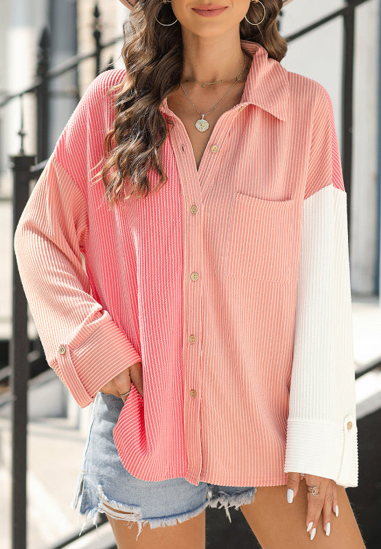 Pocketed Color Block Collared Neck Long Sleeve Shirt-True and Wild