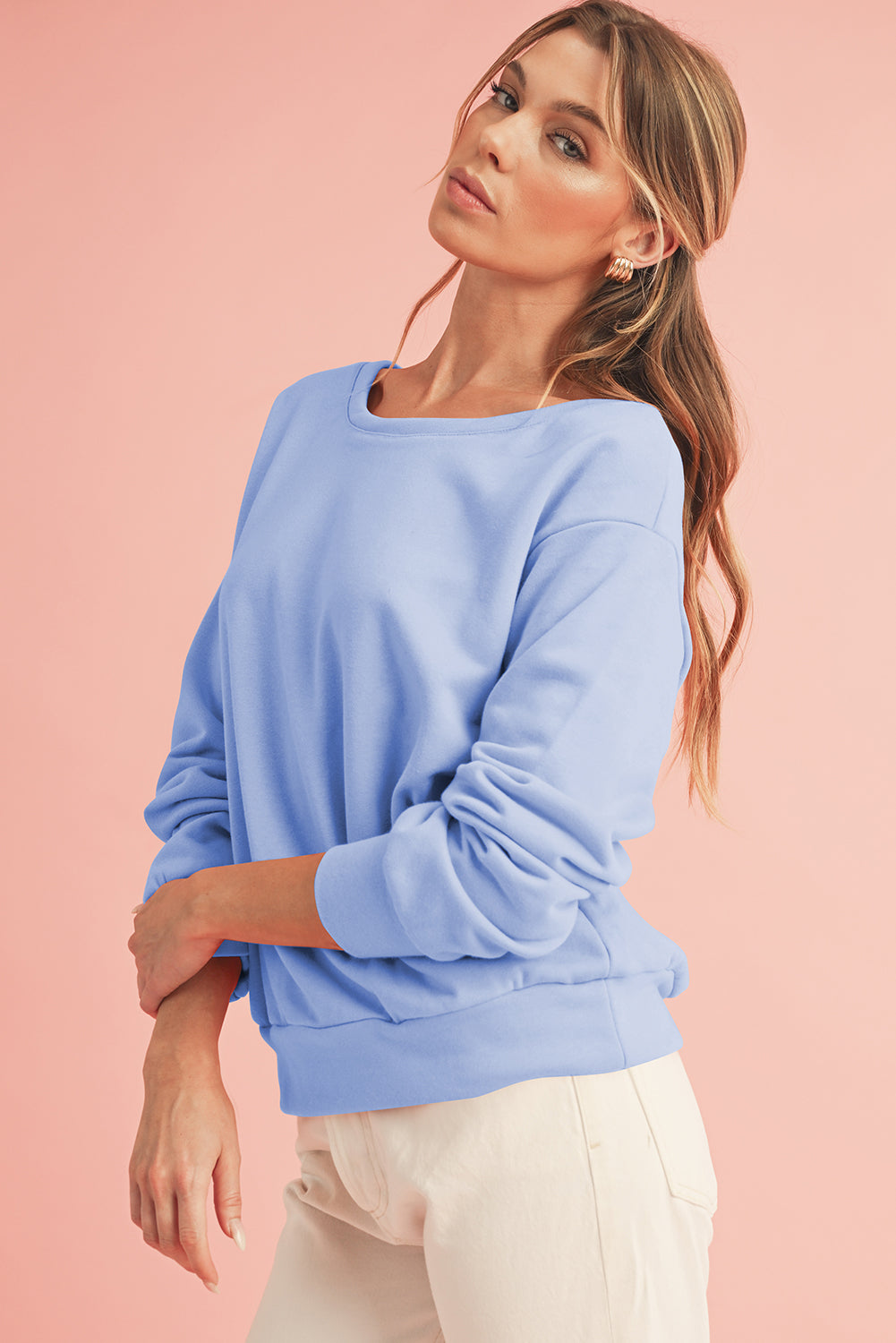 Apricot Bowknot Plain Round Neck Sweatshirt-True and Wild