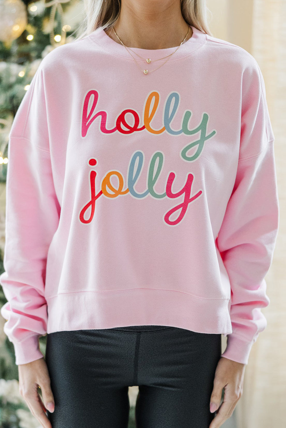 Pink holly jolly Printed Round Neck Sweatshirt-True and Wild