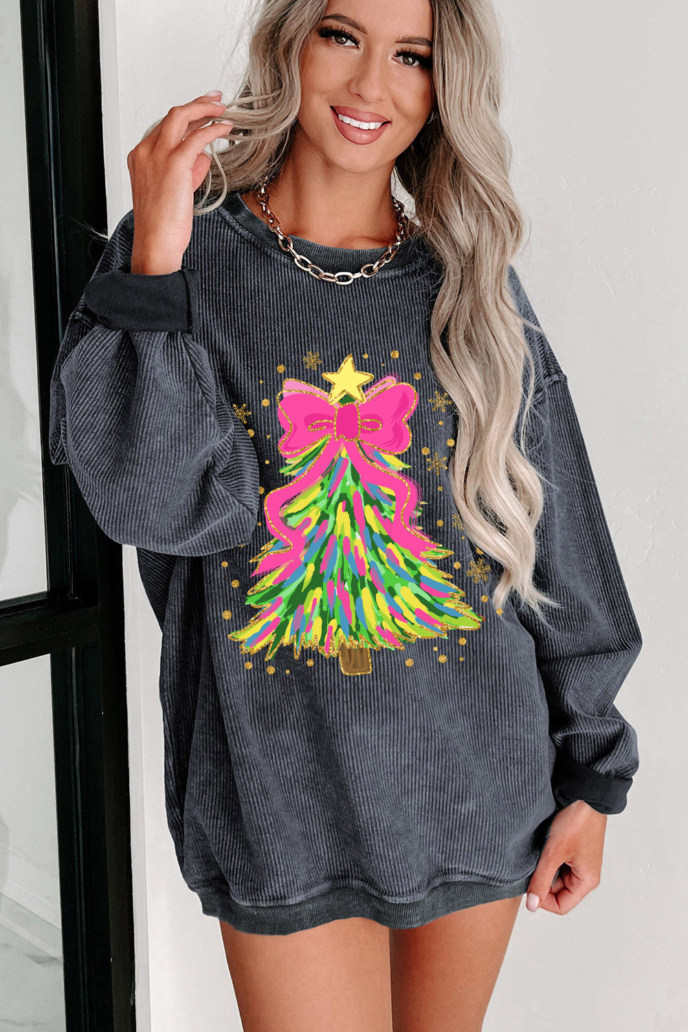 Gray Stunning Christmas Tree Printed Drop Shoulder Corded Sweatshirt-True and Wild