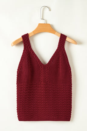 Burgundy Slim Fit V Neck Cable Knit Pointelle Camisole-True and Wild